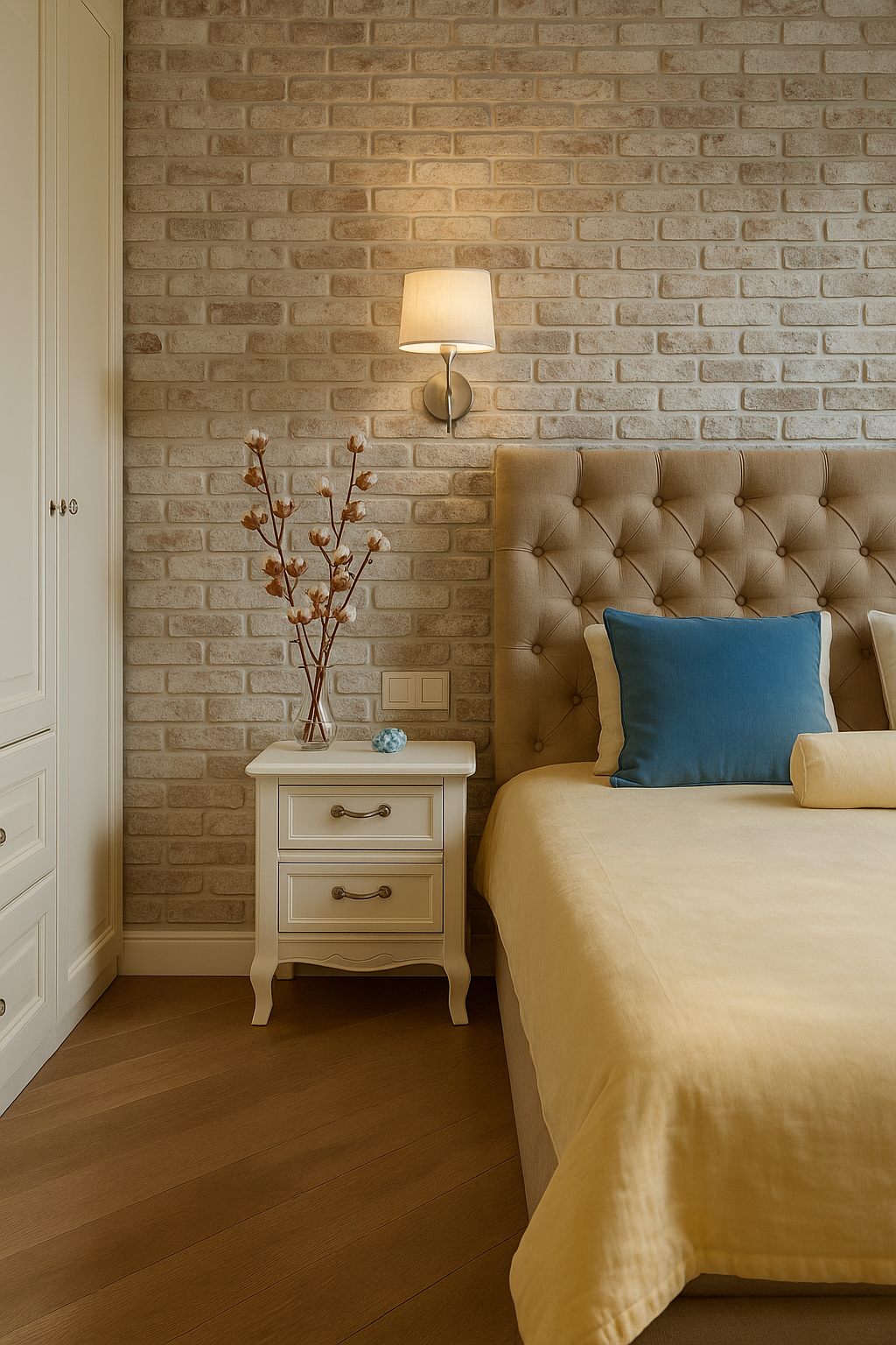 Cozy bedroom with tufted headboard and light brick accent wall.