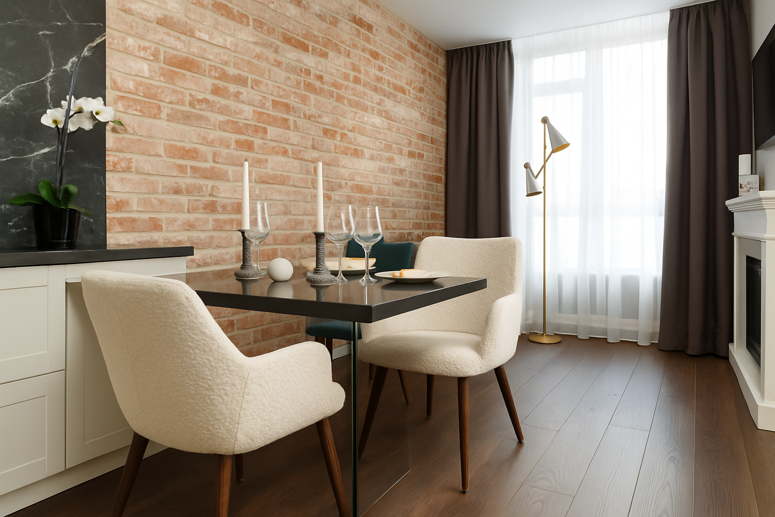 Modern dining room with white boucle chairs and exposed brick wall.
