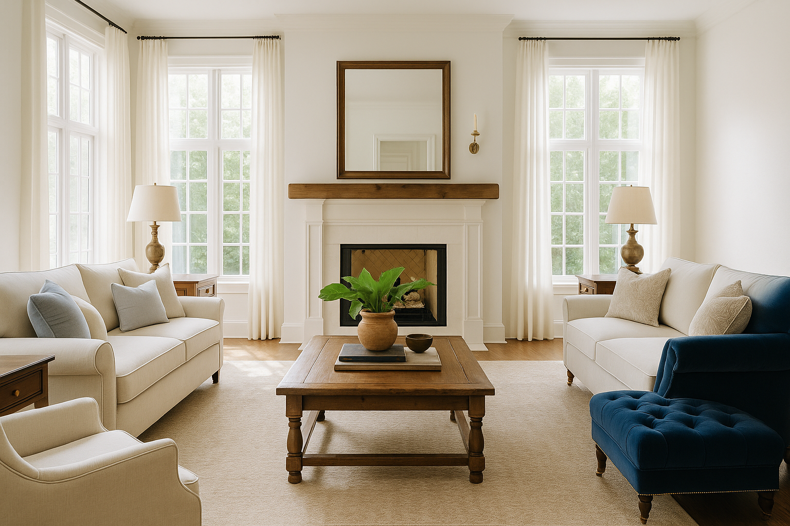 Sunlit Southern-style living room with cream sofas, blue velvet chair, and wooden fireplace mantel.