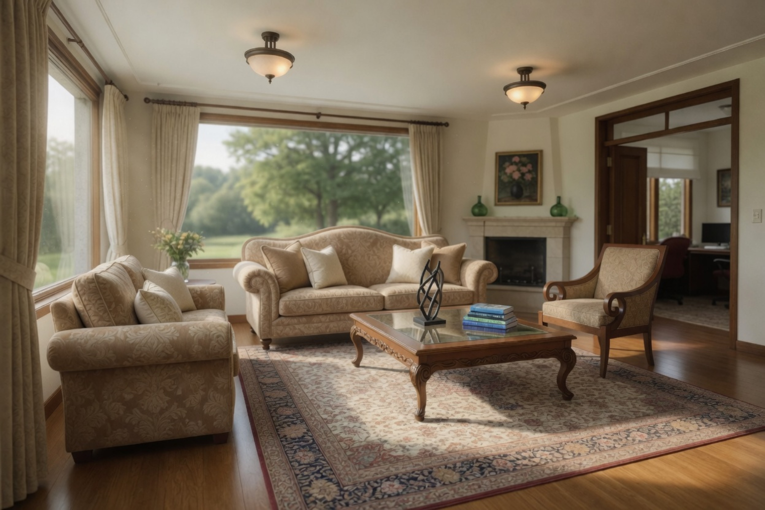 Traditional American living room with cream walls, patterned rug, and classic furniture.