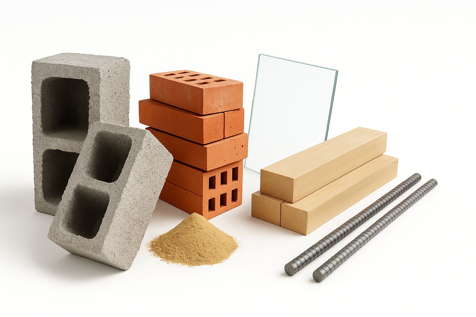 Modern building materials including concrete blocks, red bricks, wood, steel rods, and glass displayed.