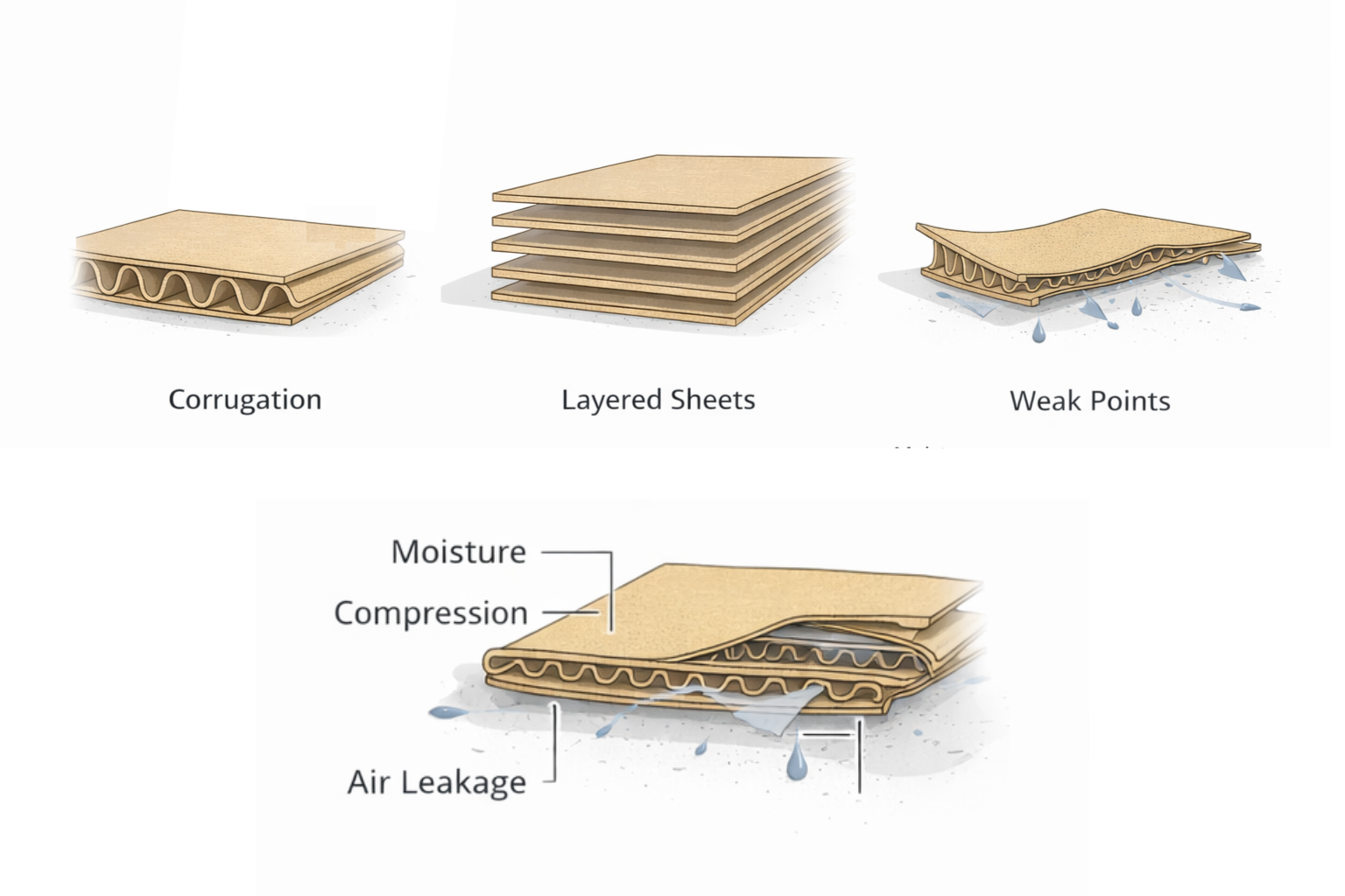 Technical diagram showing the structure and insulation layers of corrugated cardboard combined with wood and wool strips.