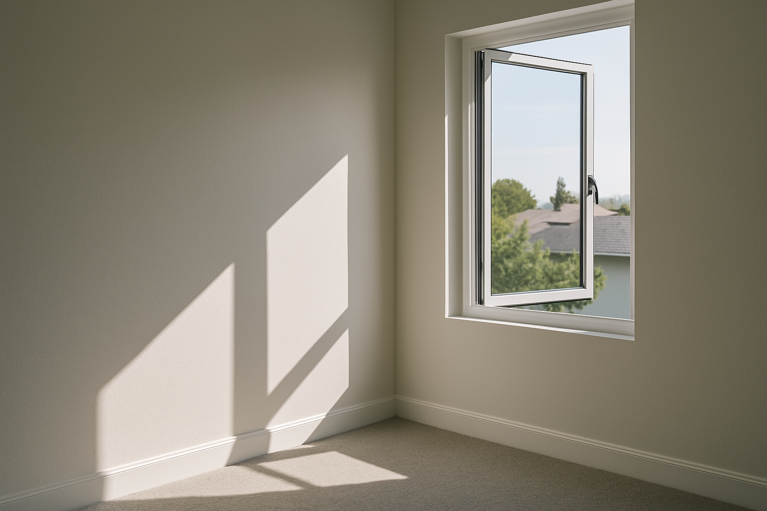 A modern room corner with open casement window and sunlight reflections.
