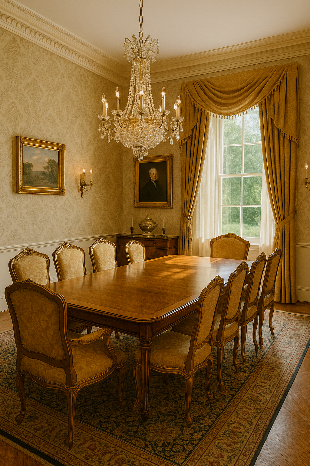 Refined dining room with a centered table and low-hanging chandelier creating balanced scale and warm light.