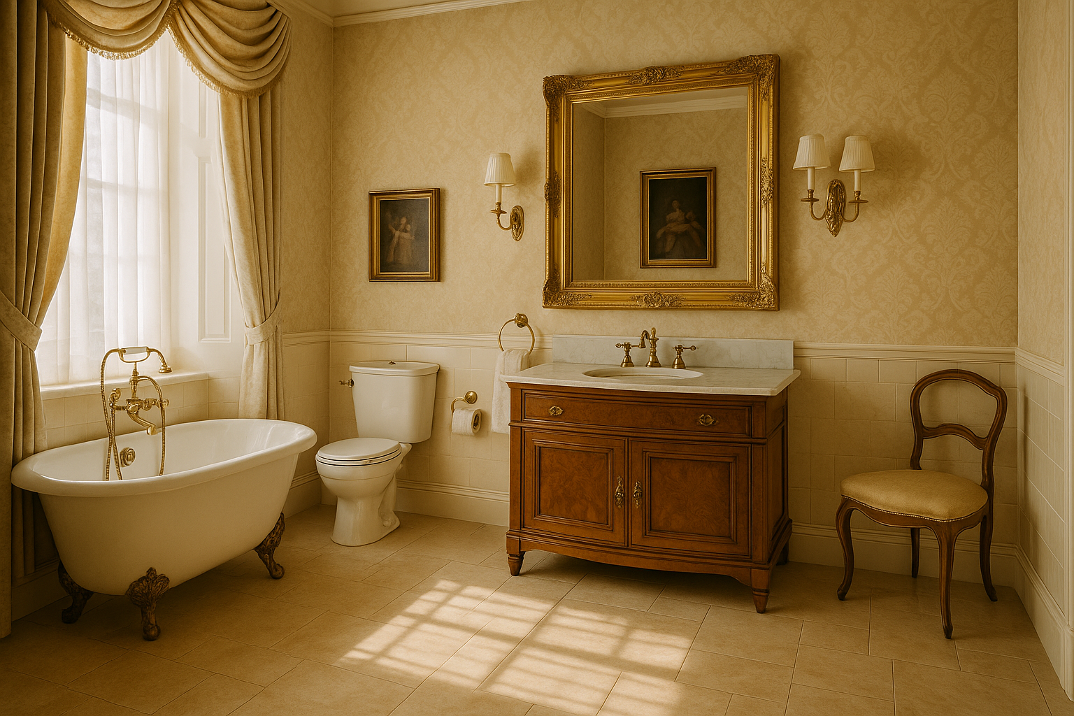 Traditional European bathroom featuring marble vanity, gold fixtures, and a clawfoot tub emphasizing authentic materials and craftsmanship.