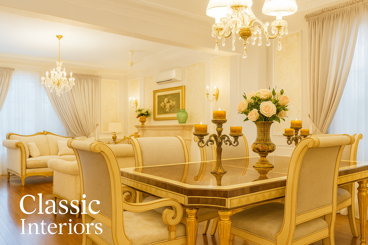 Elegant traditional dining room with natural light and gold accents.