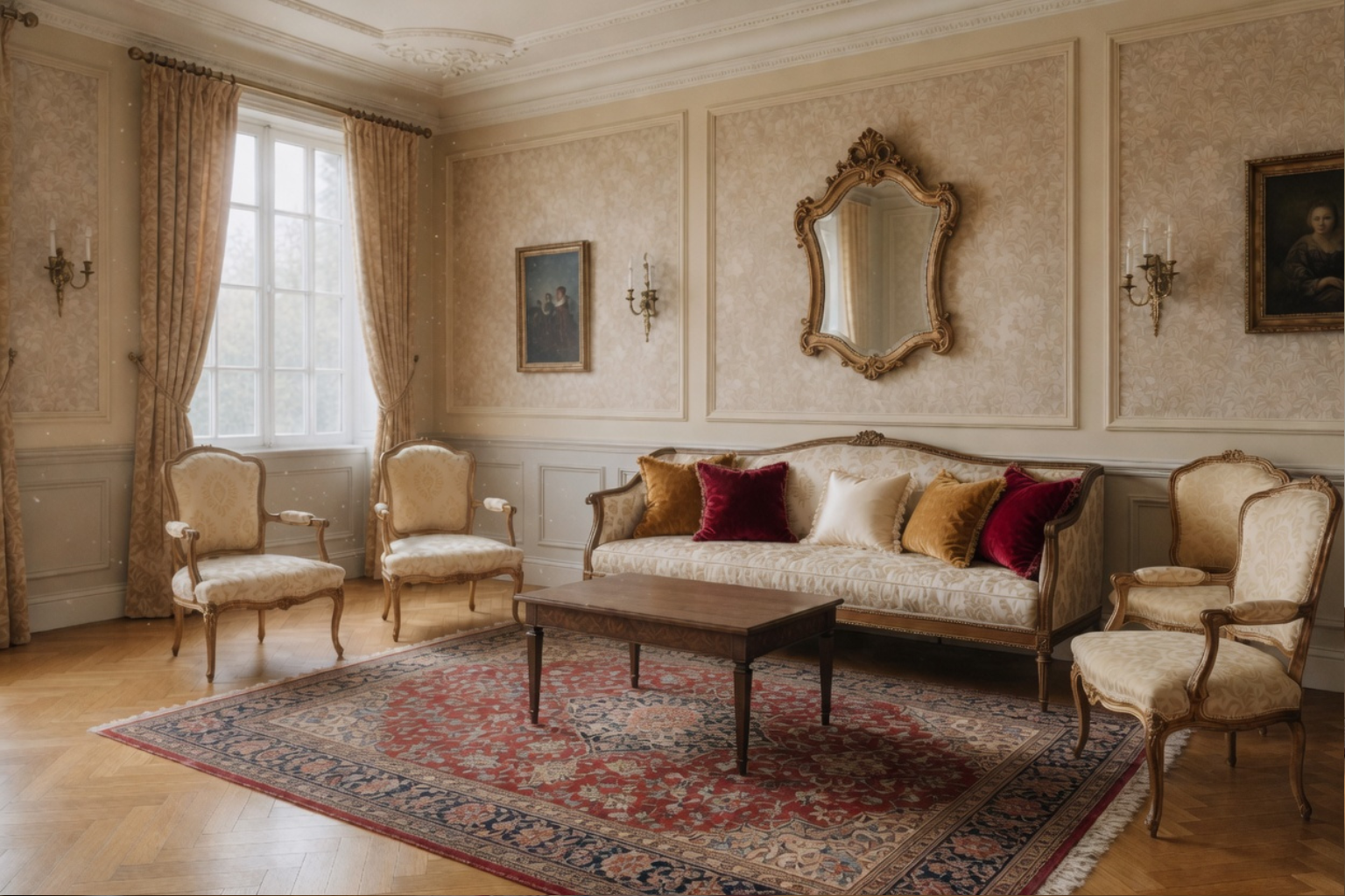 Elegant traditional living room with gold damask wallpaper, ornate furniture, and framed art.
