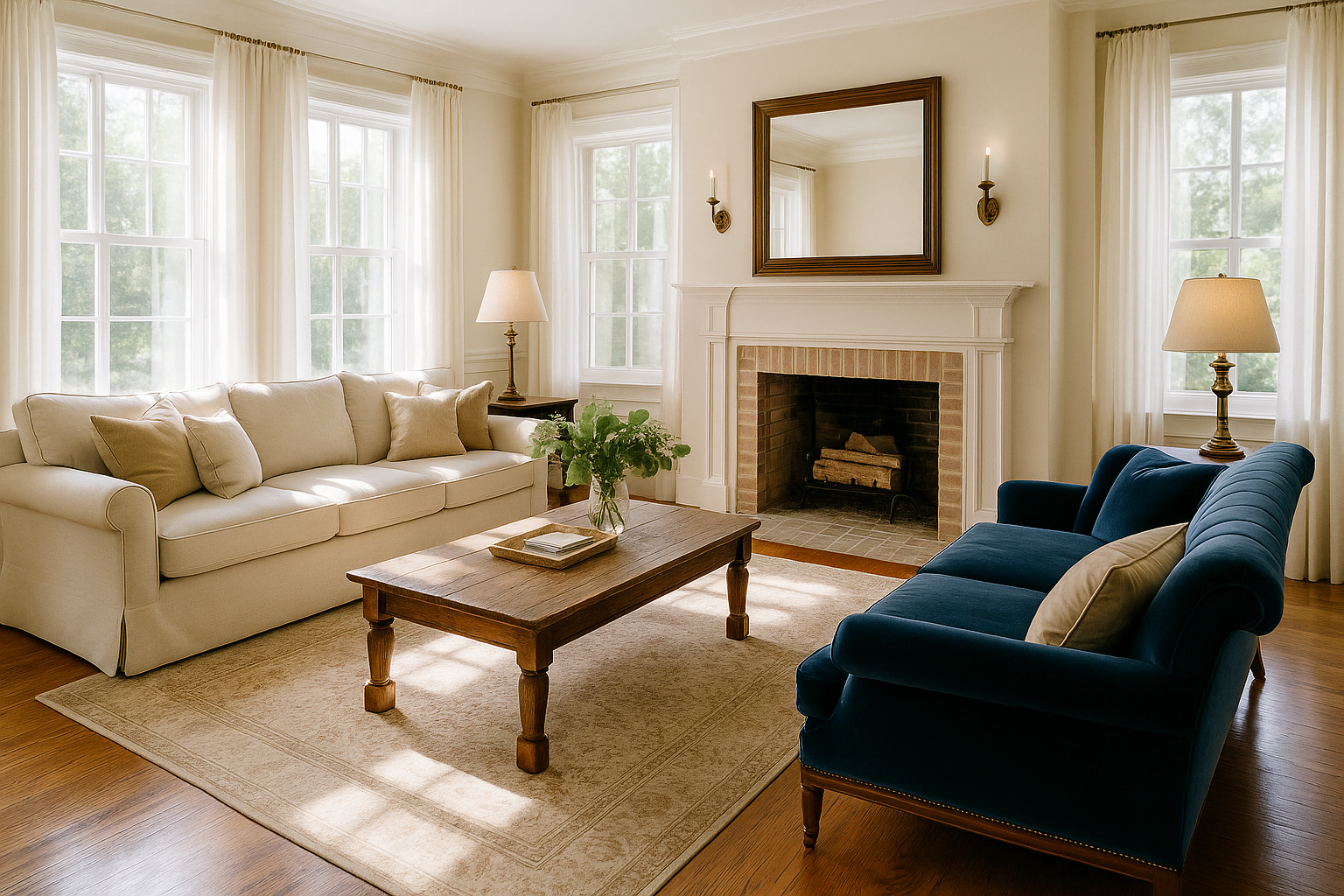 Traditional Southern living room with a blue velvet sofa, cream walls, and bright natural sunlight.