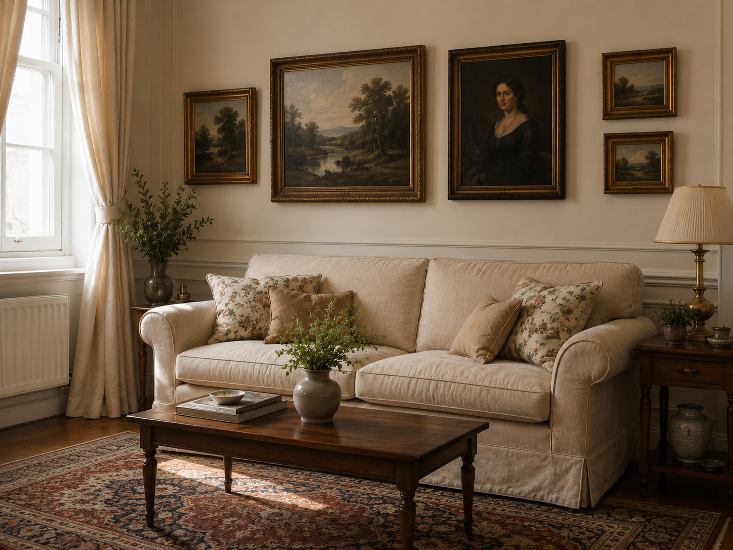 Traditional living room with a cream rolled-arm sofa, gold-framed landscape paintings, portrait art, Persian-style rug, wood coffee table, drapery, and classic wall trim.