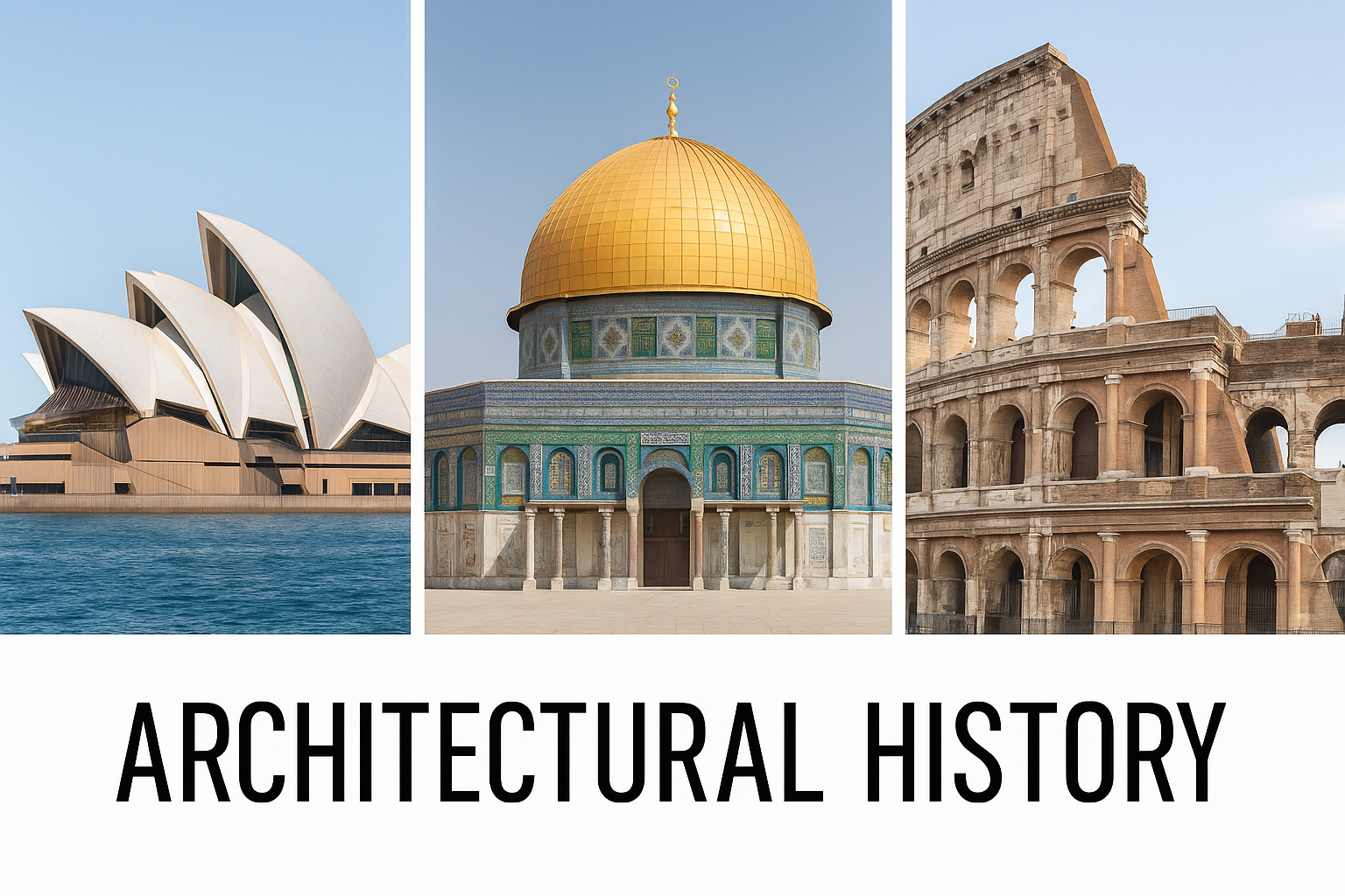 Collage of three famous architectural landmarks from different eras, showing the Sydney Opera House, the Dome of the Rock, and the Roman Colosseum.