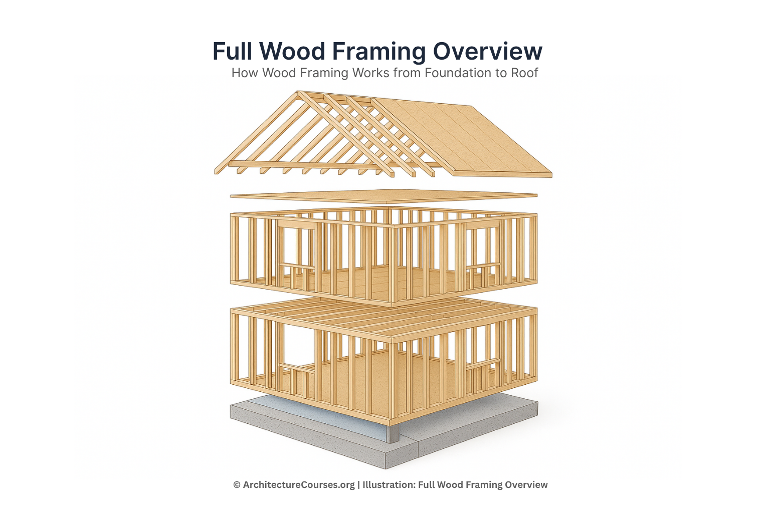 Exploded perspective of a full wood-framed house showing separated roof, wall, floor, and foundation layers.