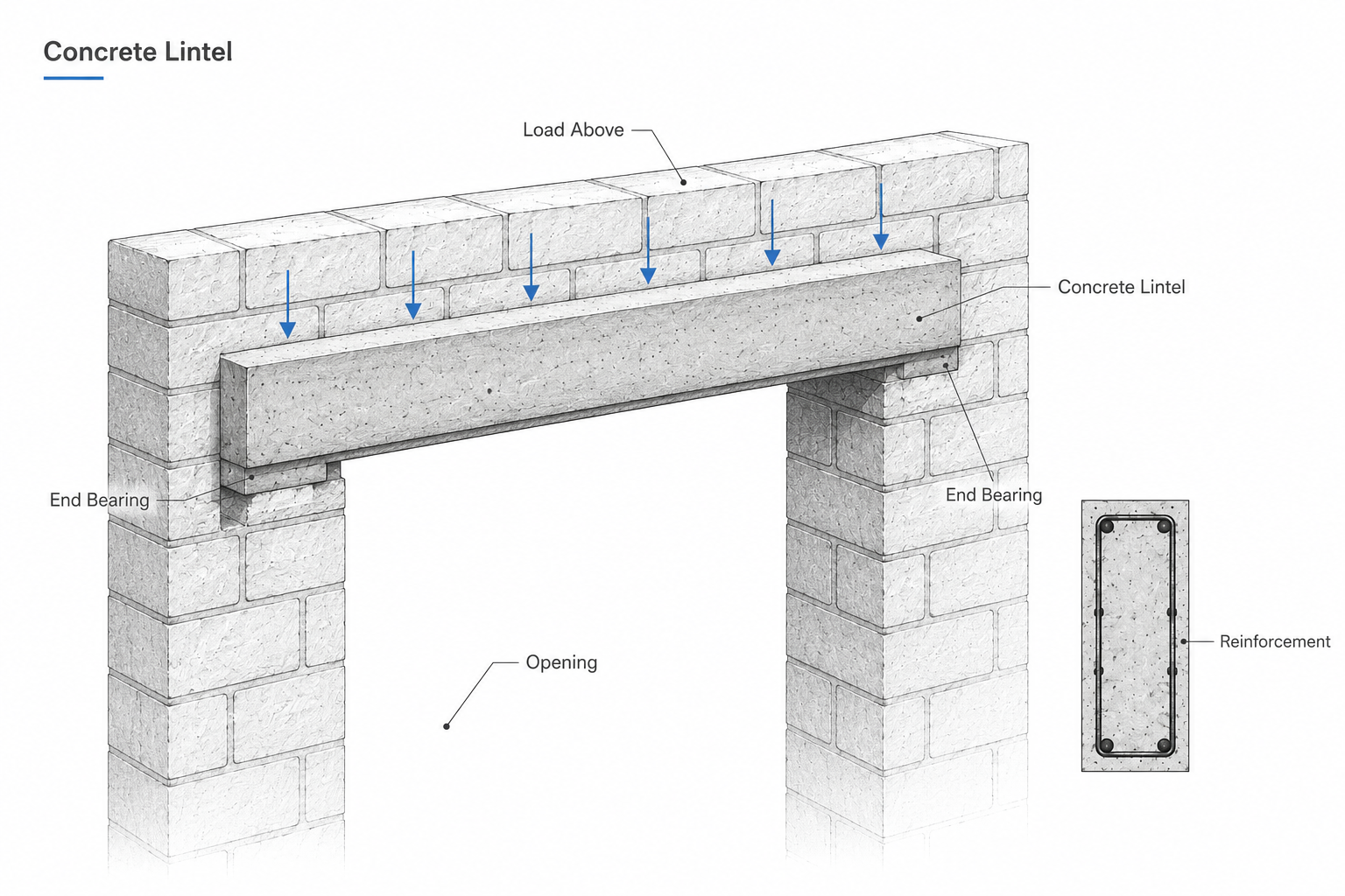 Concrete lintel beam diagram showing load above, end bearing, opening, and reinforcement inside the lintel.