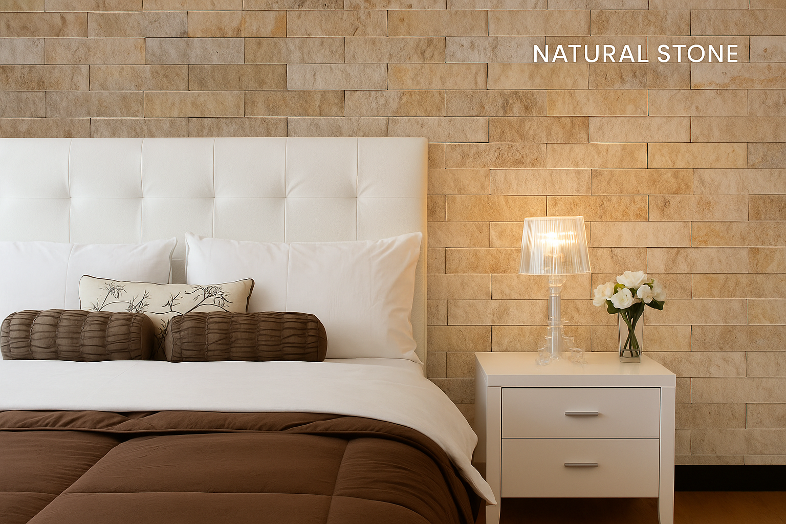 Bedroom design showcasing the contrast between a textured stone wall and smooth modern finishes.