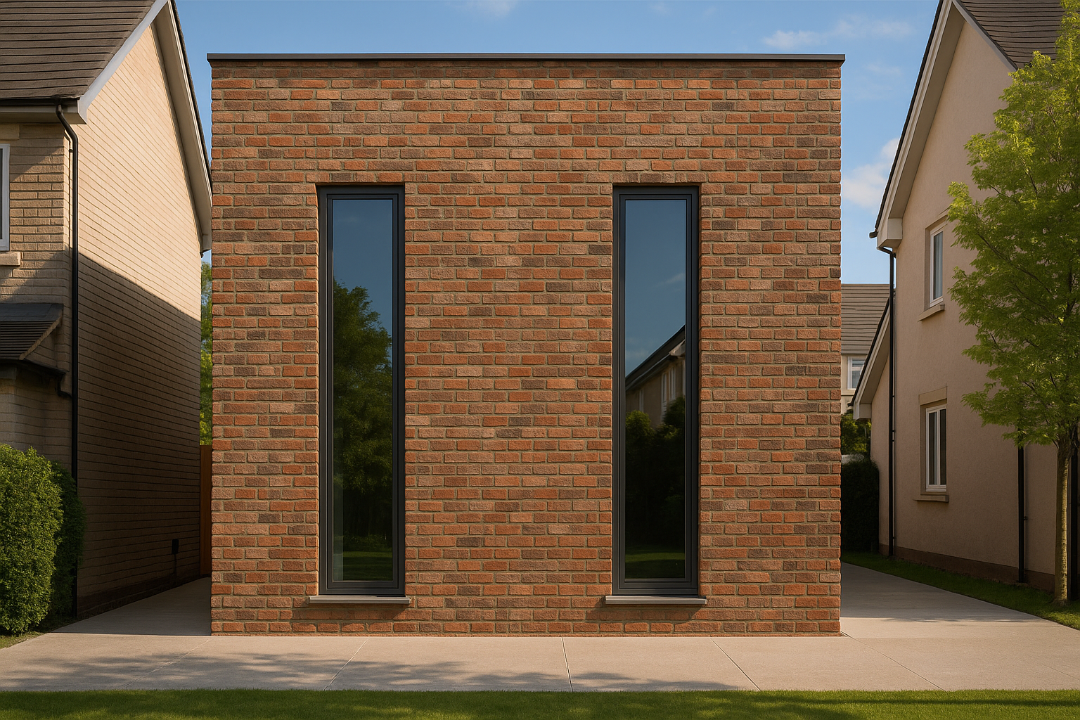 Contemporary house with restored brick facade and tall narrow windows, flanked by neighboring homes and greenery.