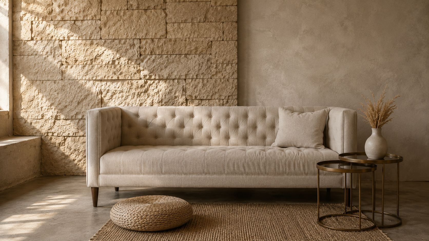 Living room with a textured stone feature wall, neutral sofa, woven rug, plaster wall, and warm side light.