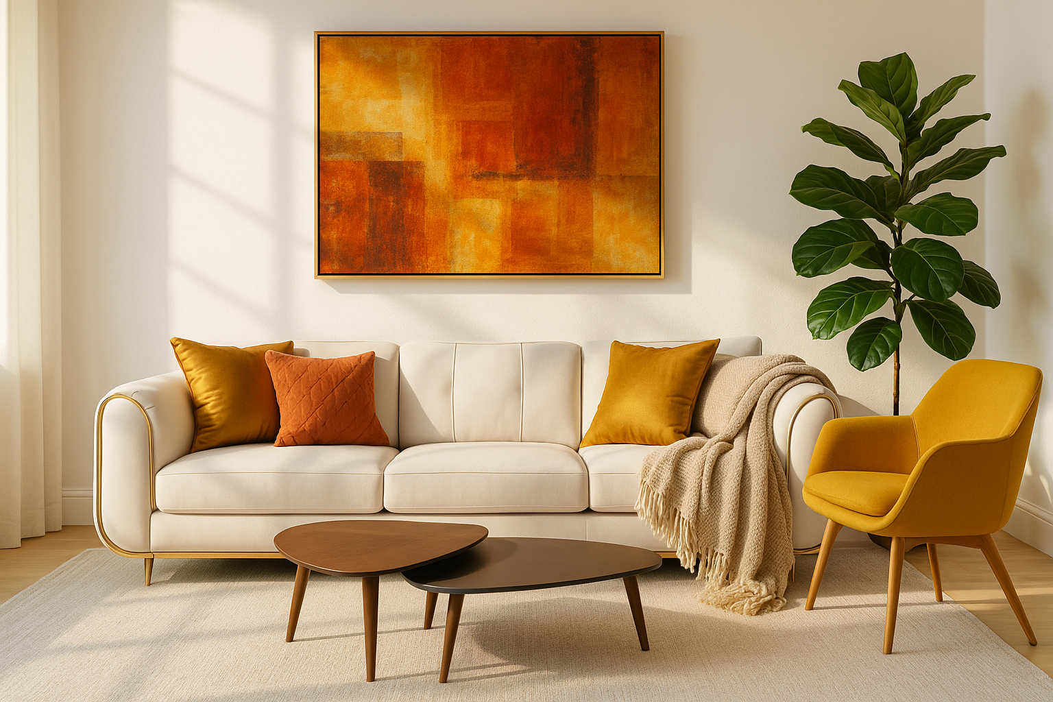 Cozy modern living room with white sofa, warm sunlight, and green indoor plant.