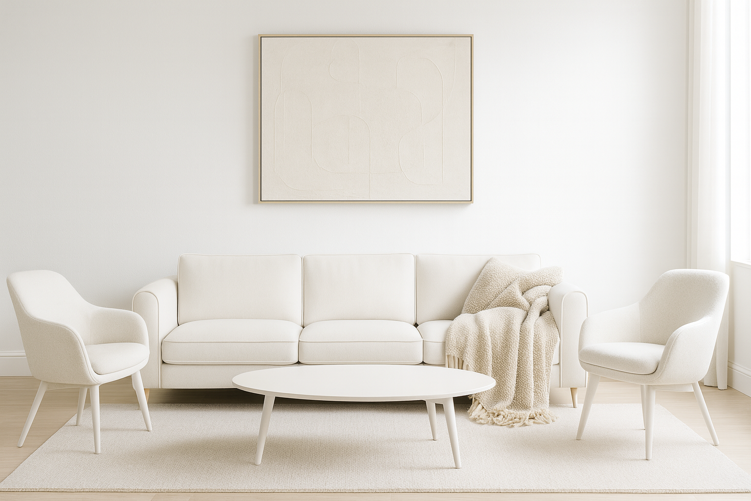 A plain, all-white living room designed as an exercise to teach people how to choose colors for décor, providing a blank canvas for practicing interior design and color selection.