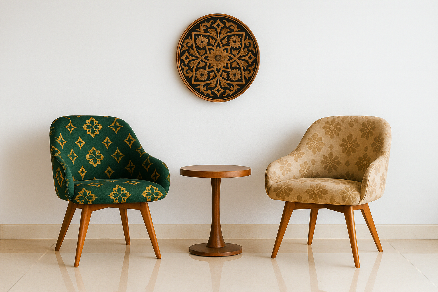 Two patterned chairs in green and gold beside a wooden table with carved wall art on a white wall.