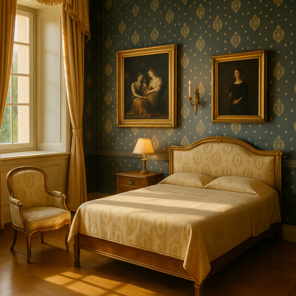 Elegant traditional bedroom with gold furniture, framed art, and sunlight through tall window.