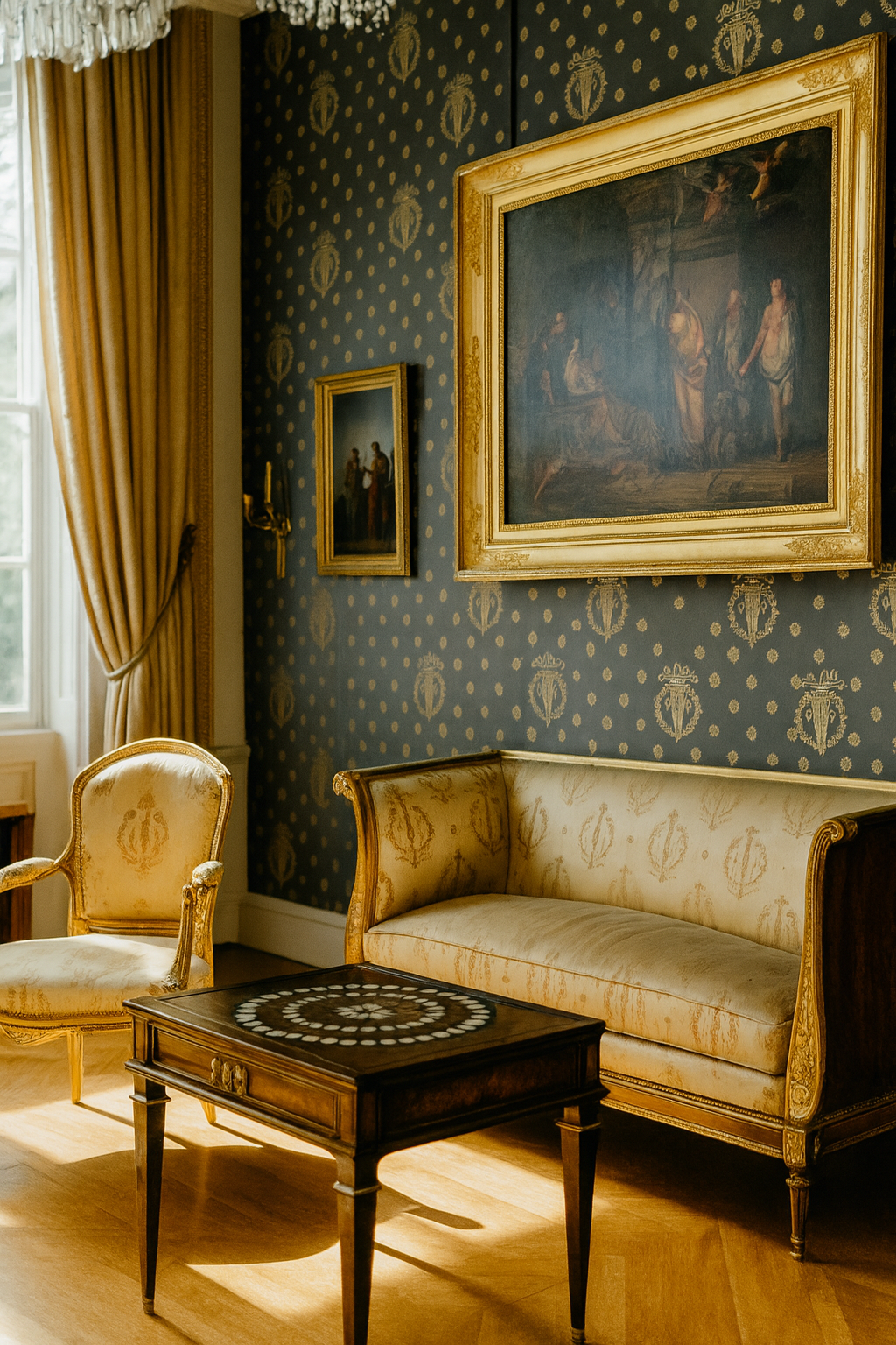 Elegant traditional living room with gold furniture and blue patterned walls.