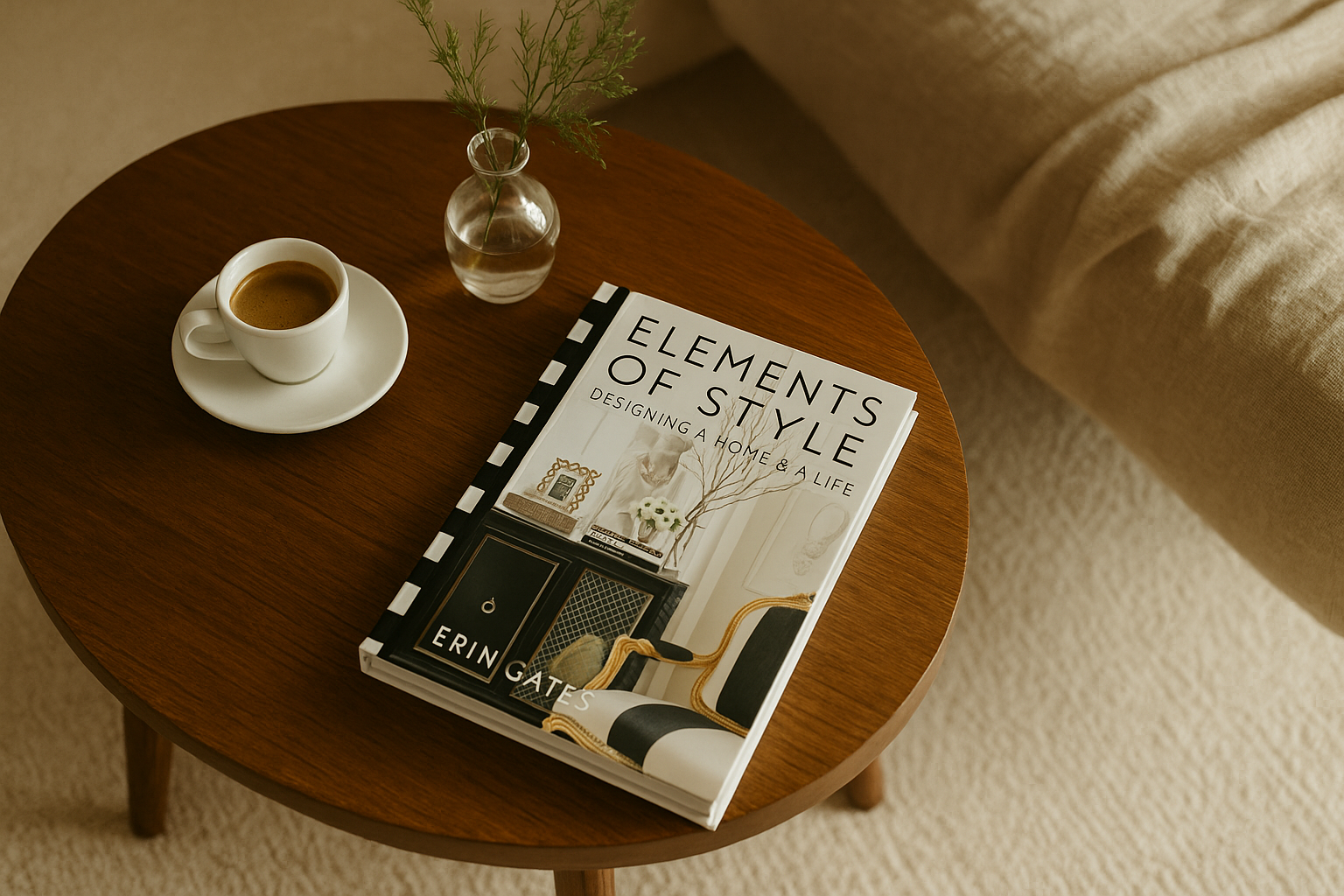 Book “Elements of Style” on a wooden coffee table with espresso and vase.