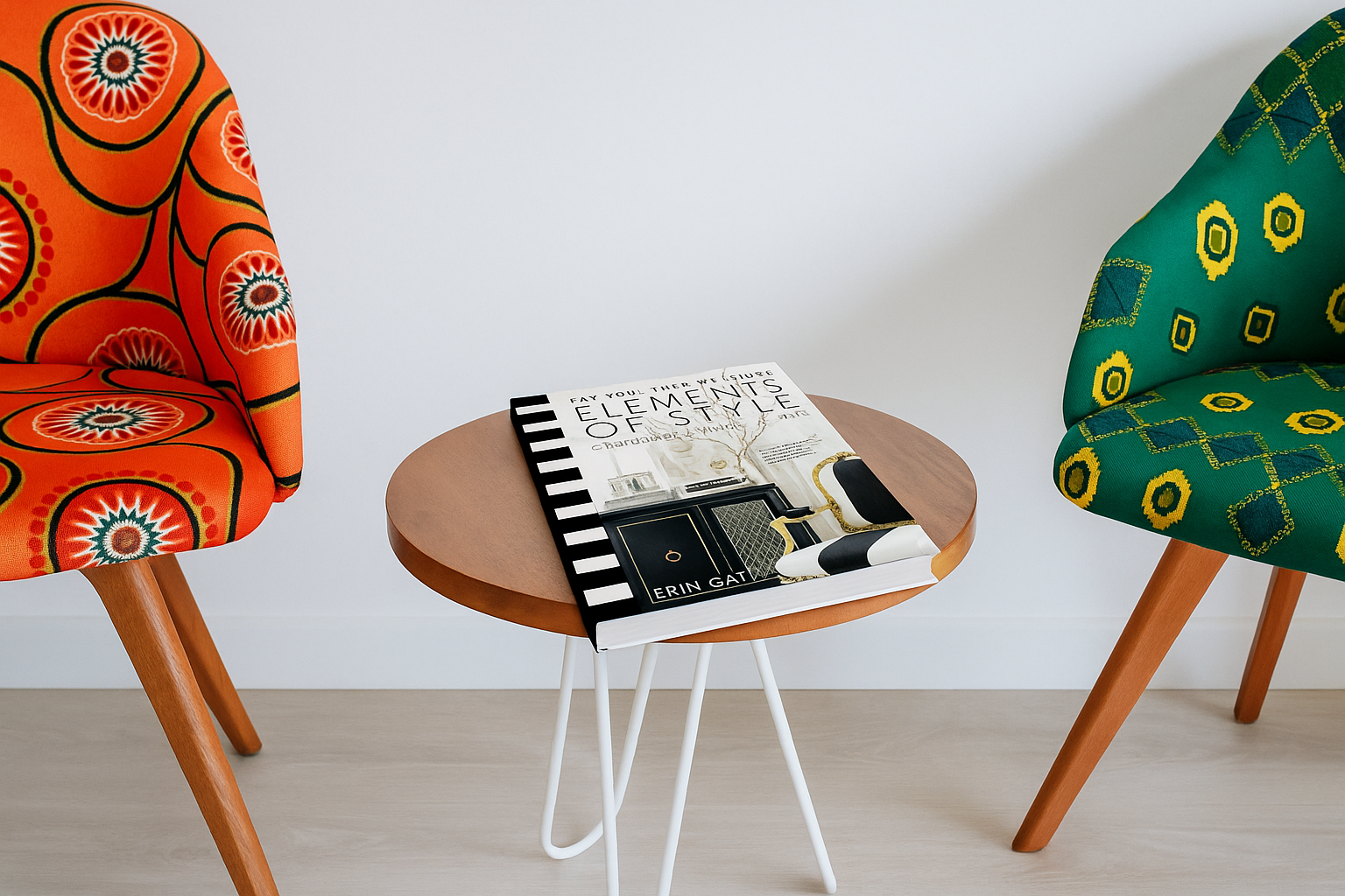 Book “Elements of Style” lying on a table between two colorful chairs.