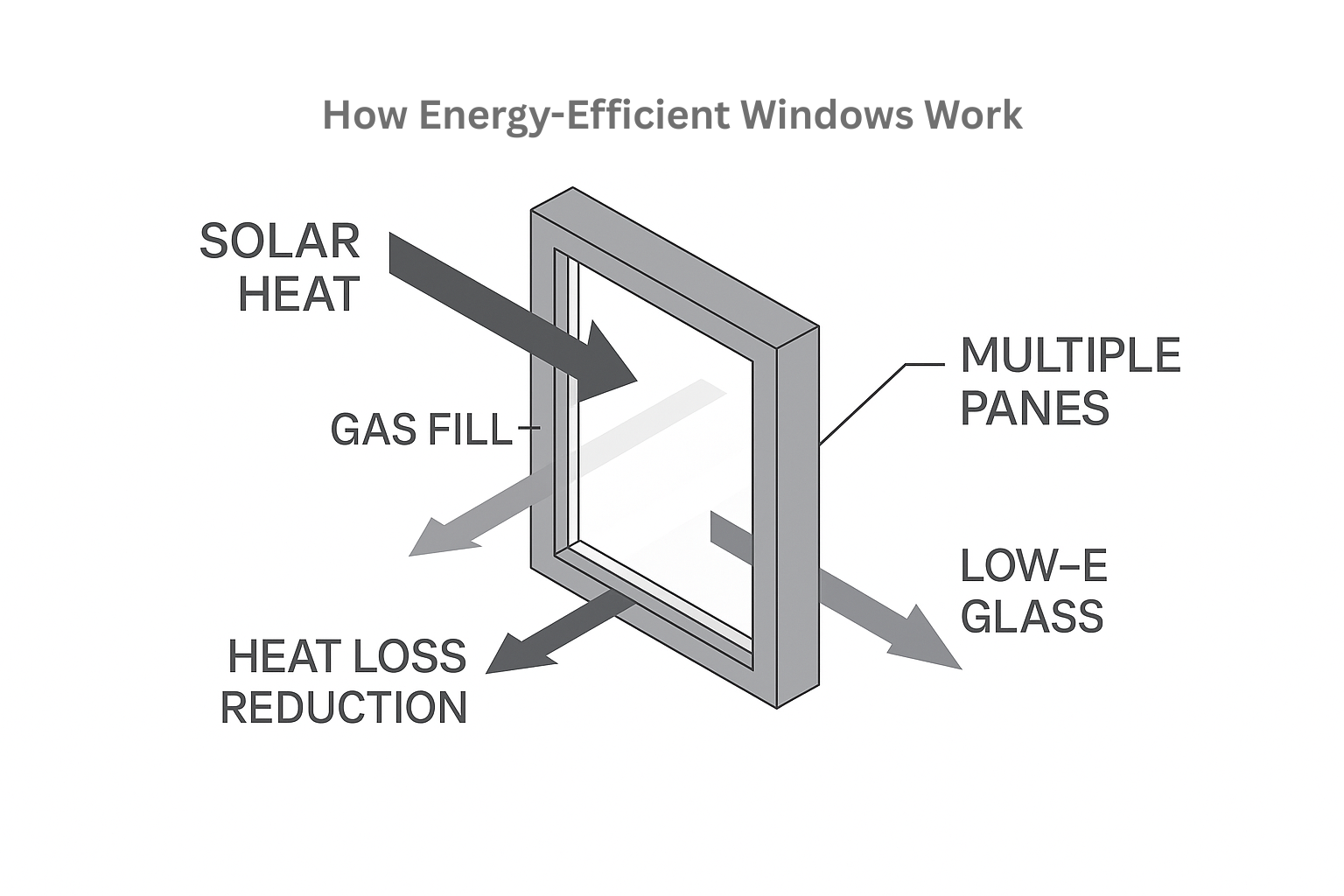Diagram of how energy-efficient windows work, showing solar heat, gas fill, multiple panes, low-E glass, and heat loss reduction.