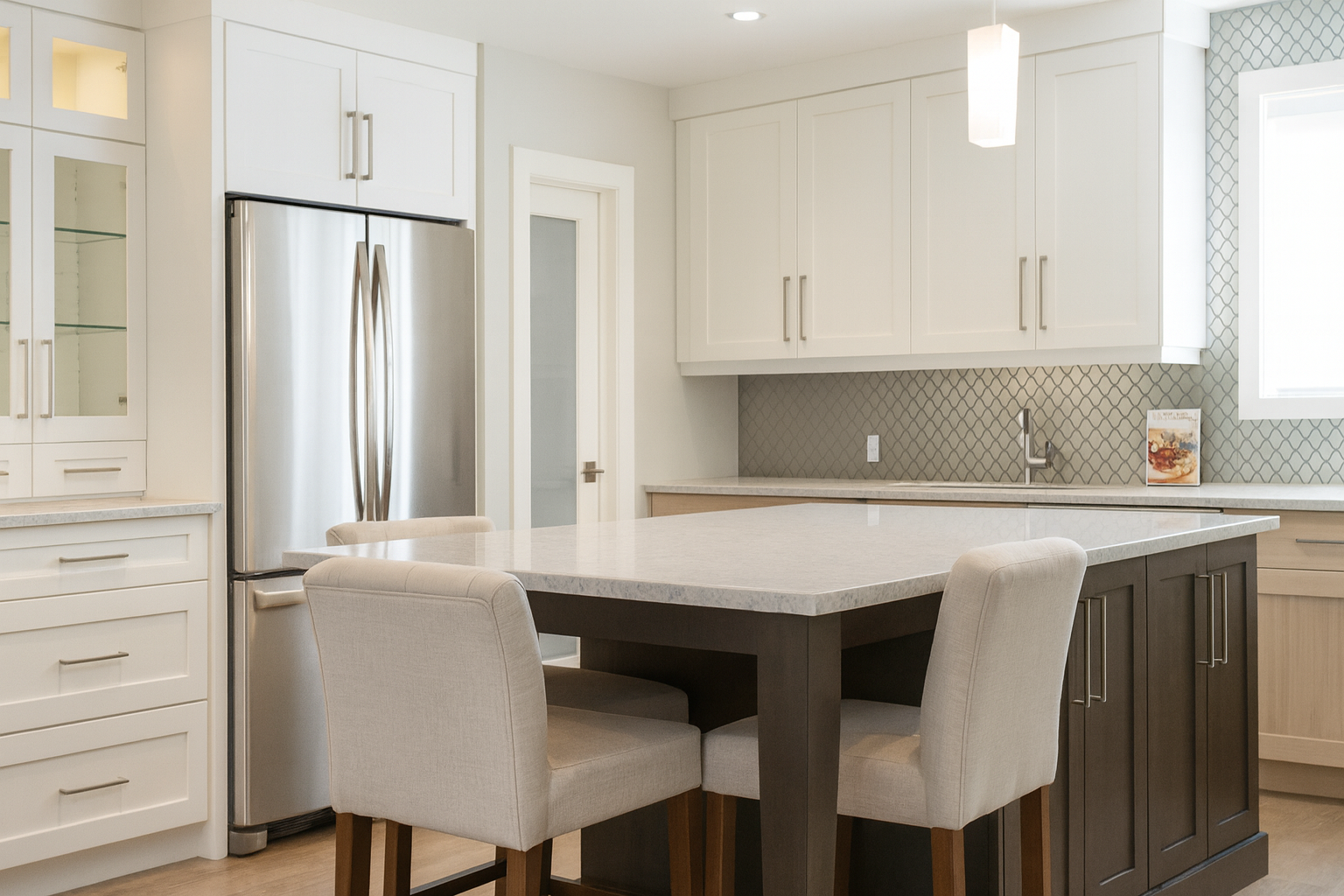 Modern kitchen with engineered stone benchtop, island seating, and clean cabinetry.