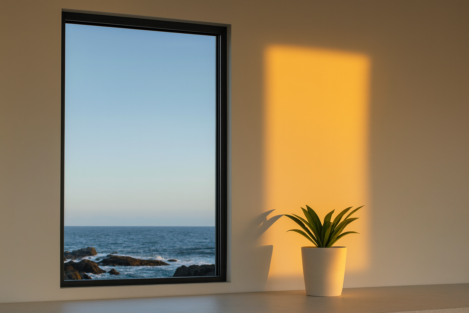 Minimalist fiberglass window frame in a coastal modern home facing the ocean.