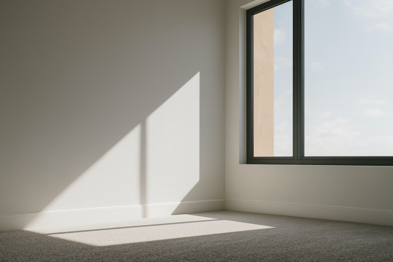 Minimalist room corner with large fixed picture window and natural sunlight reflections.