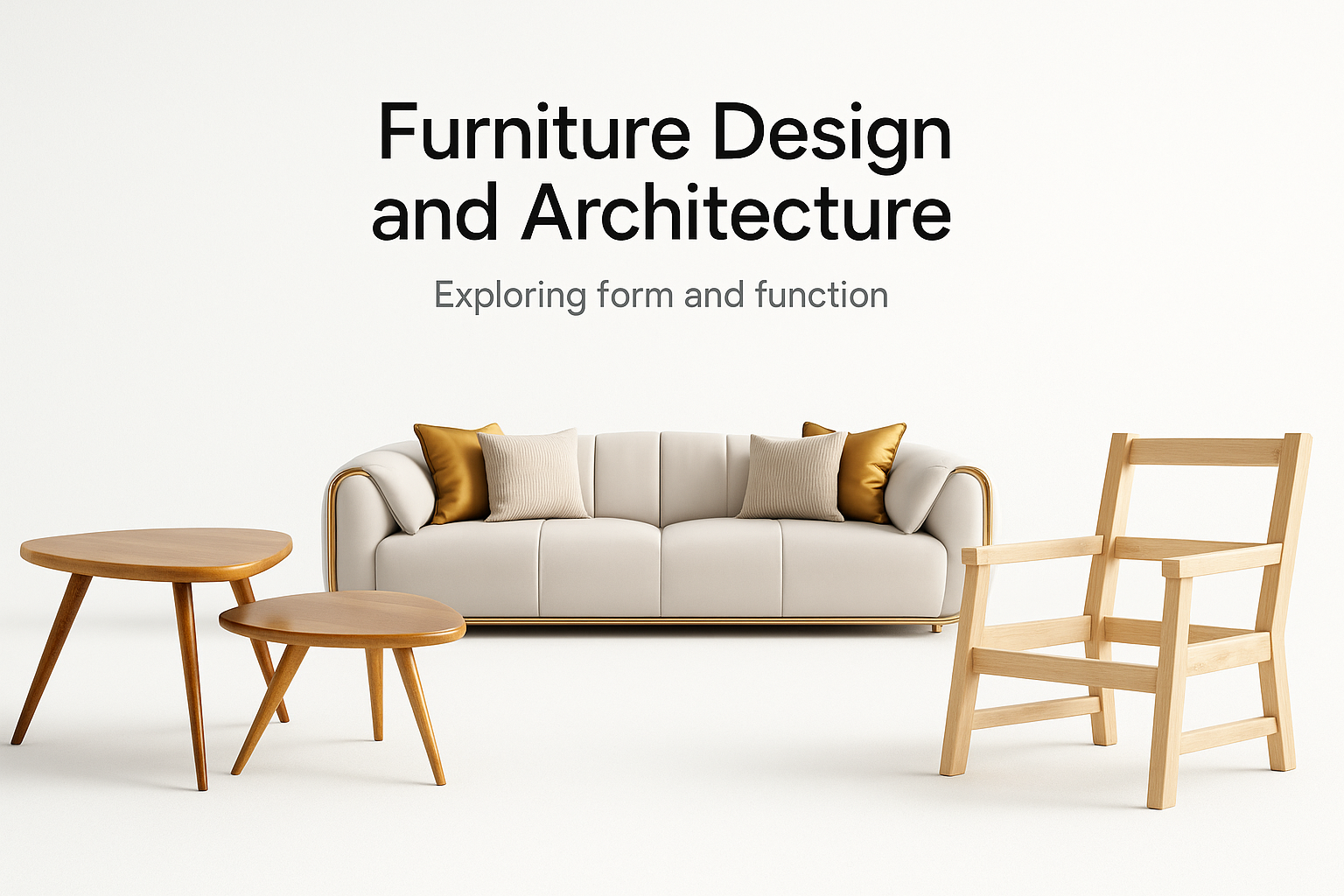 Clean modern composition showing a beige sofa, wood tables, and chair—highlighting how furniture design complements architectural form and function.