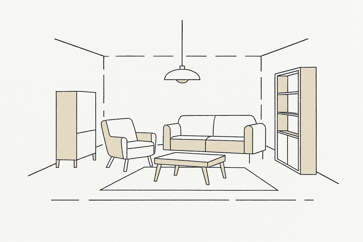 Architectural sketch showing how furniture shapes interior space through proportion, layout, and light balance.