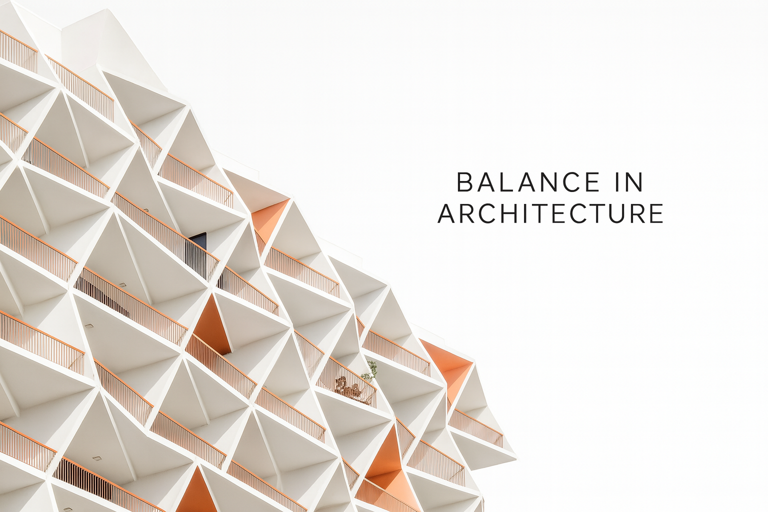 Contemporary building with a geometric design highlighted by triangular balcony shapes.