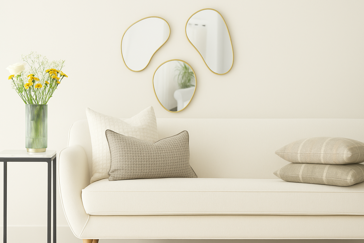 Refined minimalist living room designed by a professional, featuring a white sofa, soft neutral pillows, and balanced organic mirrors on a smooth warm white wall.