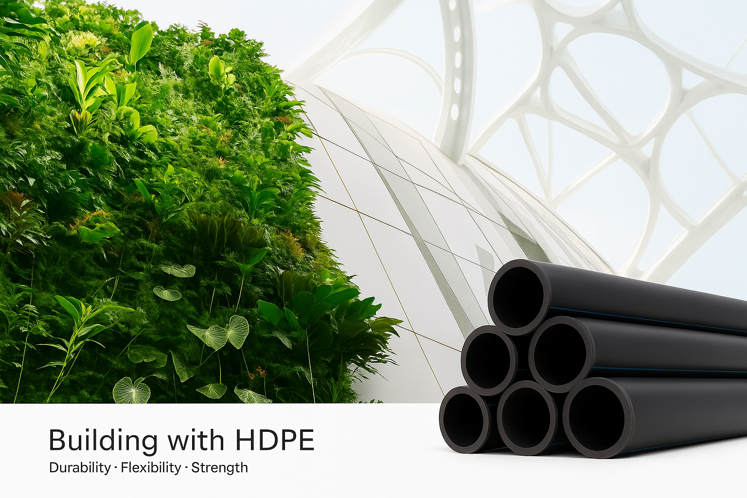 Infographic showing HDPE applications in green architecture and construction, highlighting sustainability and innovative design.