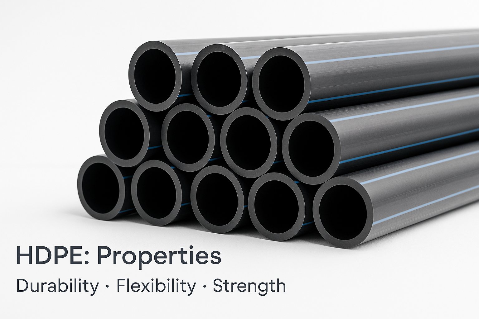 Infographic showing stacked HDPE pipes with blue stripes, highlighting HDPE properties like durability and flexibility.