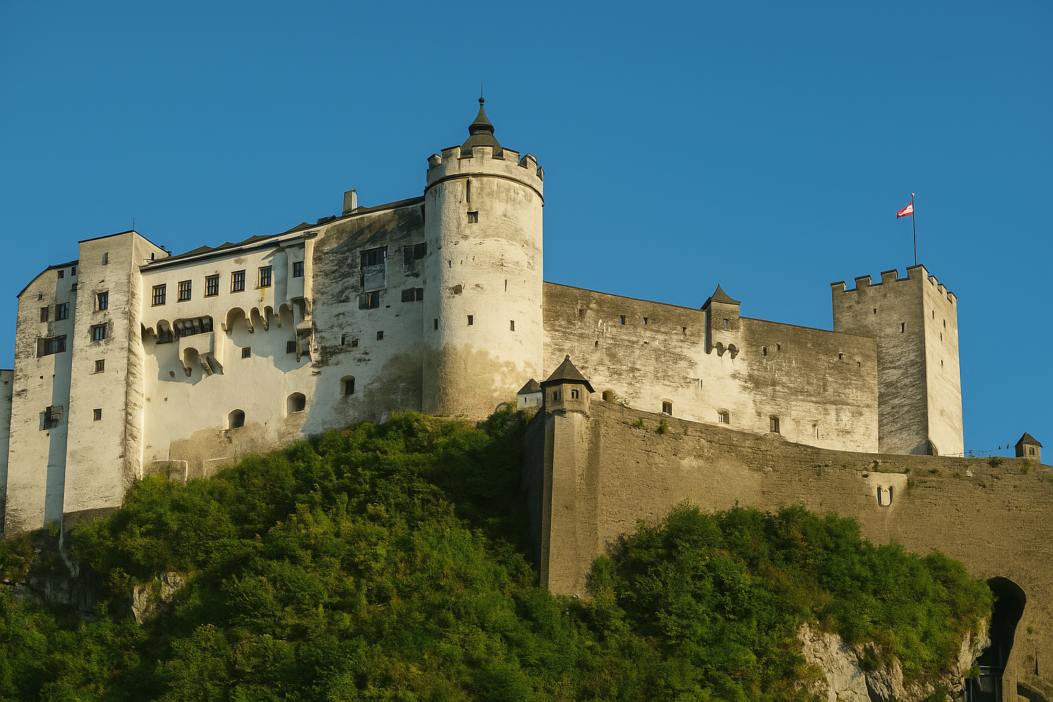 Hohensalzburg Fortress in Salzburg, Austria, photographed from a new angle showcasing its medieval walls and towers in vivid detail.