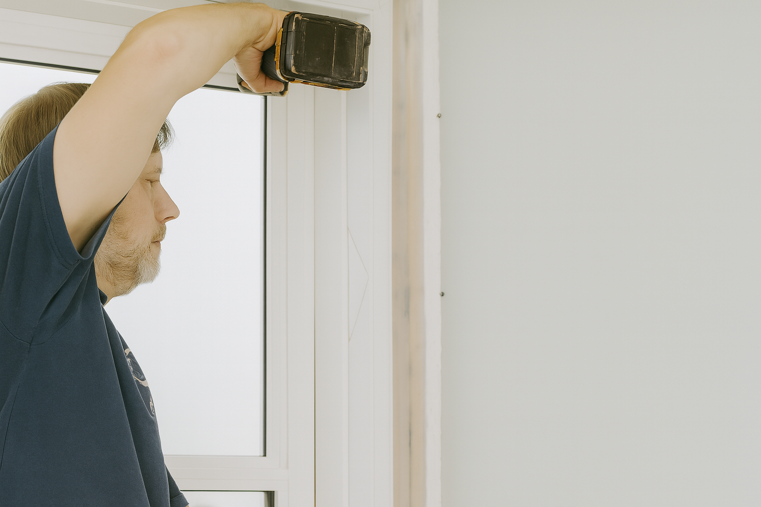 Homeowner using a drill to fasten a newly installed window from inside the house, securing it in position within the rough opening.