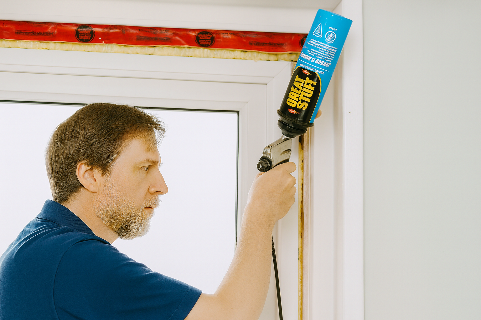 Homeowner seals window frame with low-expansion foam to prevent air leaks.