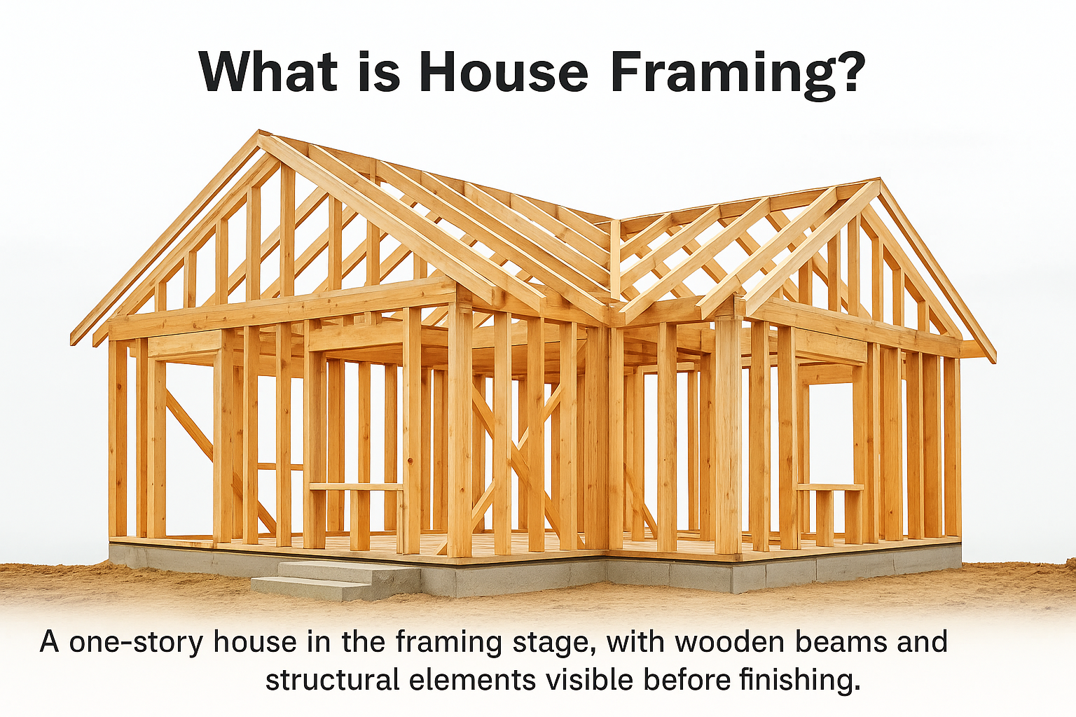 Infographic showing a wooden house frame with visible studs, beams, and roof trusses during the framing stage.