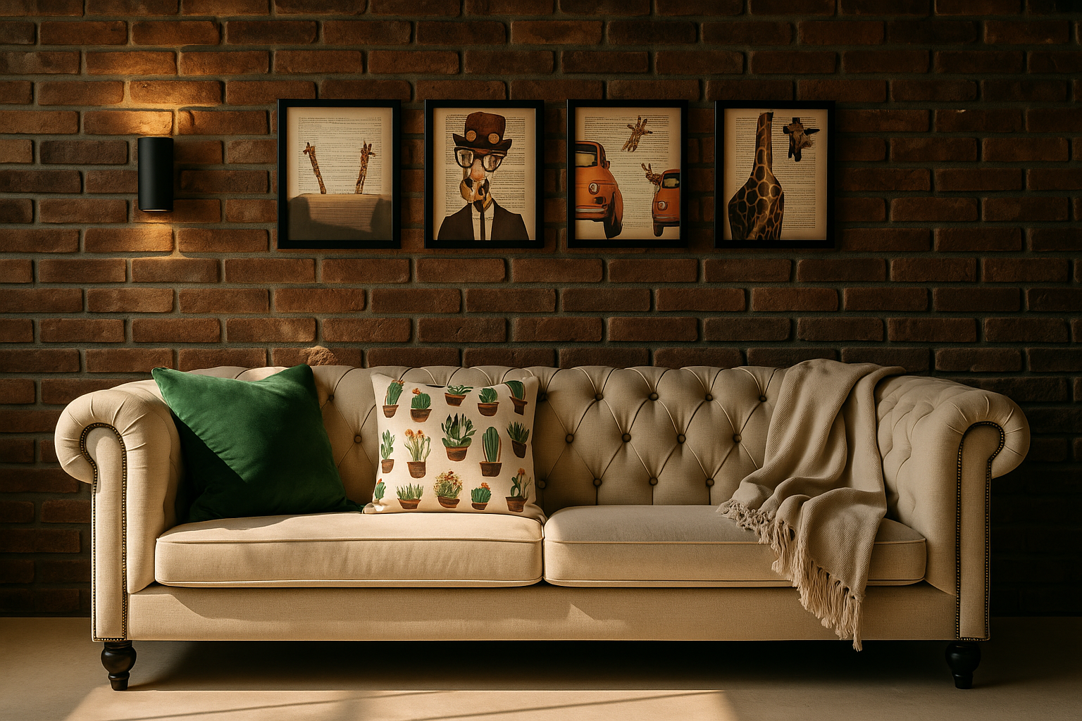 Industrial-style living room with brick wall, tufted white sofa, framed art, and warm sunlight.