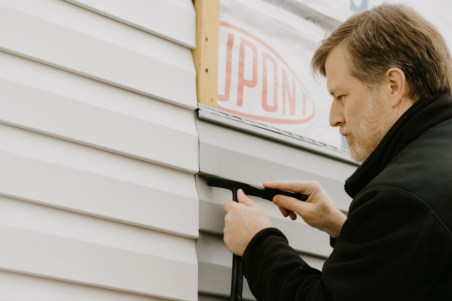 Homeowner removing white vinyl siding with a hammer to expose wall framing and prepare the exterior for a new window installation.