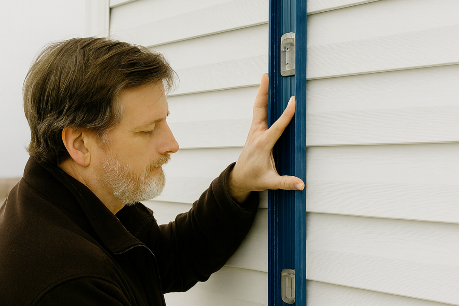 Man checking vinyl siding alignment with a level before installing a new window.