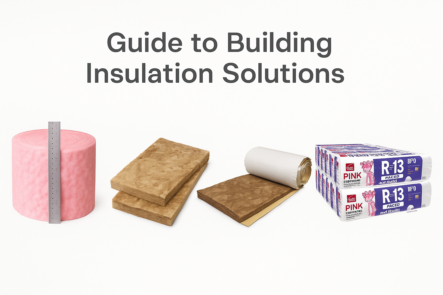 Illustrating different insulation materials for buildings, including fiberglass, foam, and batt insulation.