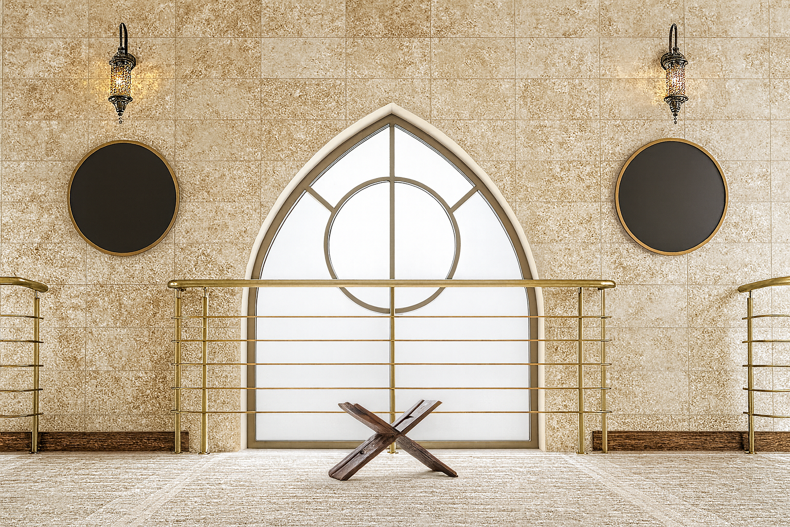 Minimalist interior with arched window and golden railings showing symmetry in Islamic architecture.