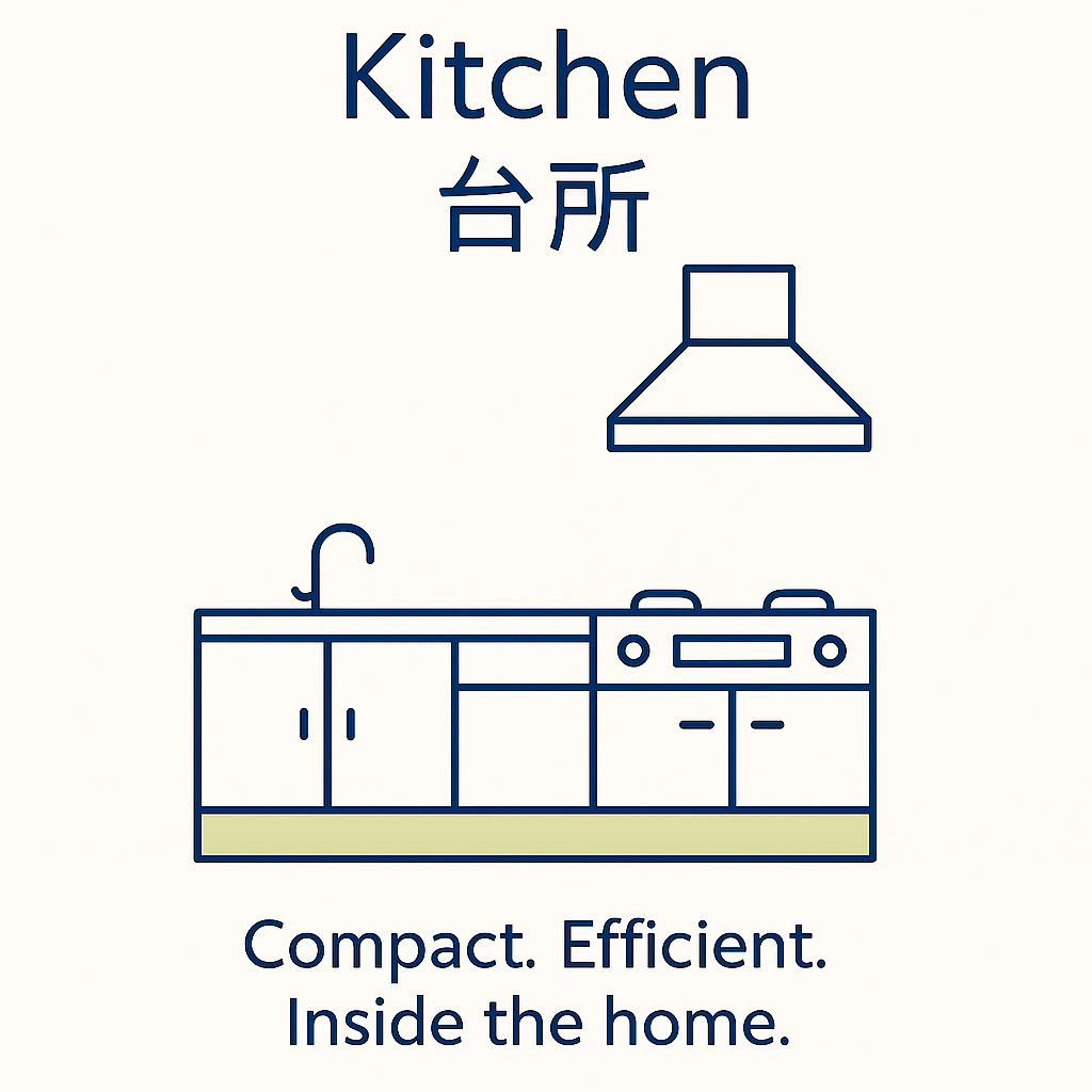 Drawing of a Japanese kitchen showing lower counter height, stove, and sink.