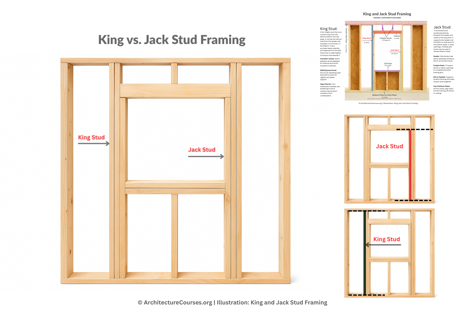 Technical diagram comparing king and jack stud framing around a window opening, showing header support and load path.