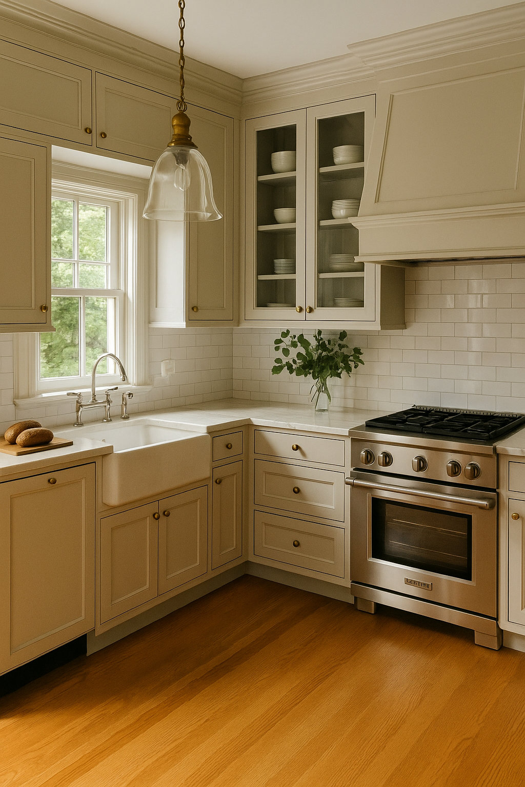 Refined kitchen blending traditional framed doors with modern hardware and paneled appliances for a balanced look.