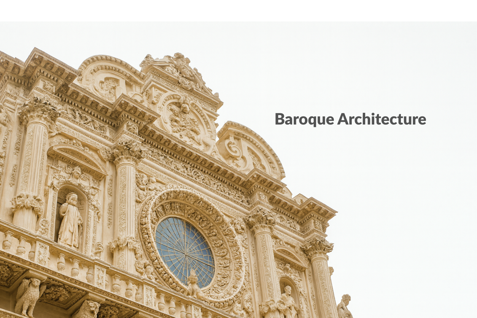Baroque basilica façade in Lecce with white background and ornate sculptures.