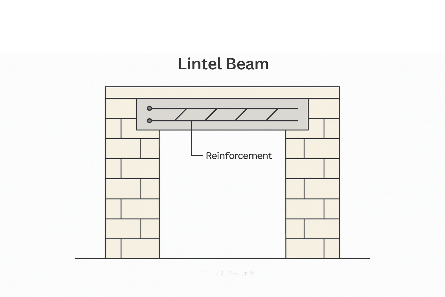Infographic showing a reinforced concrete lintel beam with labeled main bars, stirrups, cover, and load distribution.